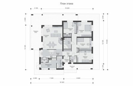 Одноэтажный современный дом с плоской кровлей, террасой, 3 cпальнями и кабинетом